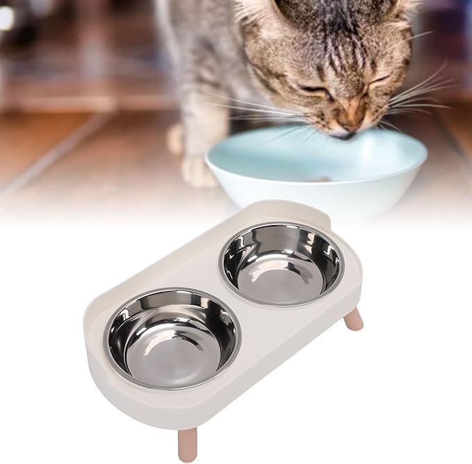 AYNEFY Elevated Cat Bowl,Tilt Proof Stainless Steel Integrated Double Elevated Pet Water Food Bowl Raised Cat Food and Water Dish for Cats and Small Dogs (White)