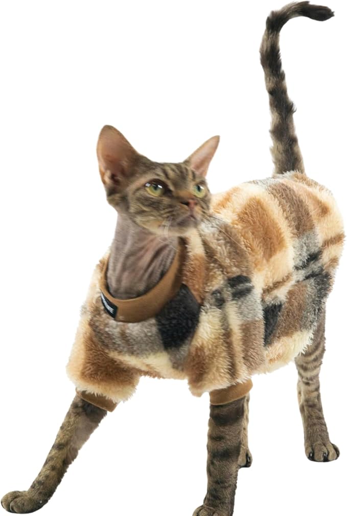 Cat Double-Sided Fleece Clothes, Soft Warm Winter Jumpsuit Sweater Shirt Clothing for Hairless Sphynx, Devon & All Indoor Kittens (Khaki,XXL)