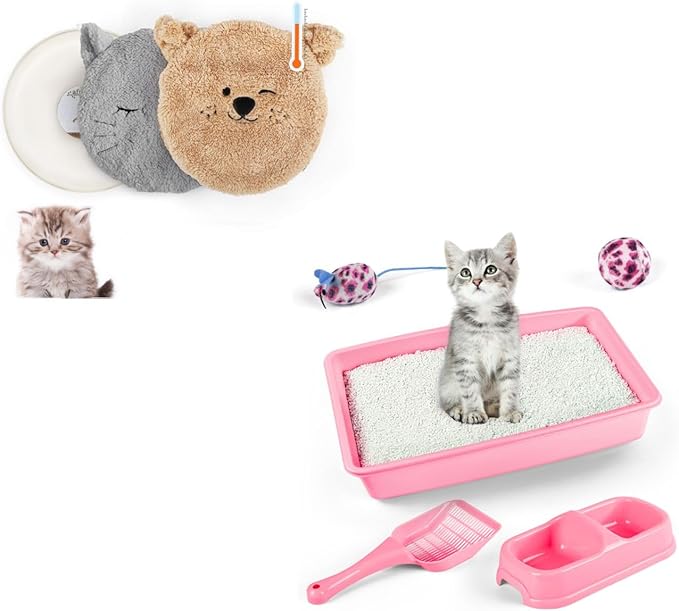 Cat Litter Box Set, Small Cat Kitten Starter Kit with Litter Scoop & Heated Cat Bed with 2 Cozy Covers
