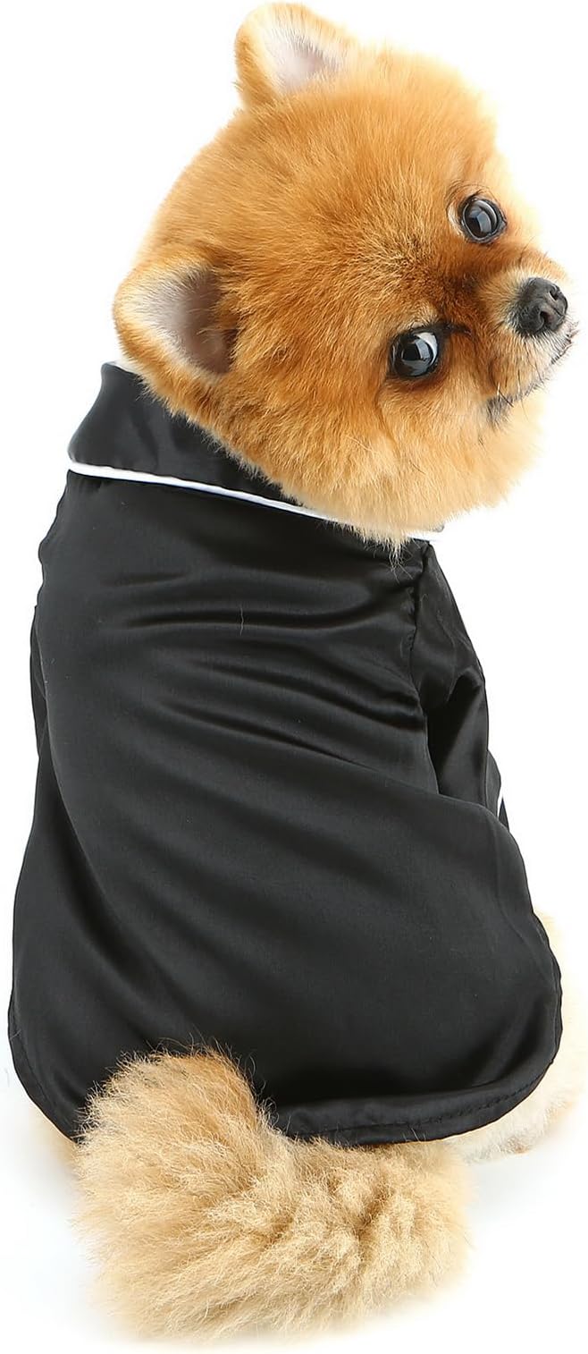 PAIDEFUL Soft Faux Silk Sleepwear for Small Dogs Cats Lapel Doggie Loungewear Lightweight Breathable Puppy Pajamas PJS Two-Legged Pet Shirt Clothes Summer Spring Chihuahua Apparel Button Up,Black,L