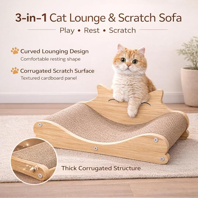 Cat Scratcher Lounge Cardboard, 3-in-1 Cat Sofa Bed for Indoor Cats, Durable Scratch Pad & Resting Bed, Curved Wooden Cat Furniture,