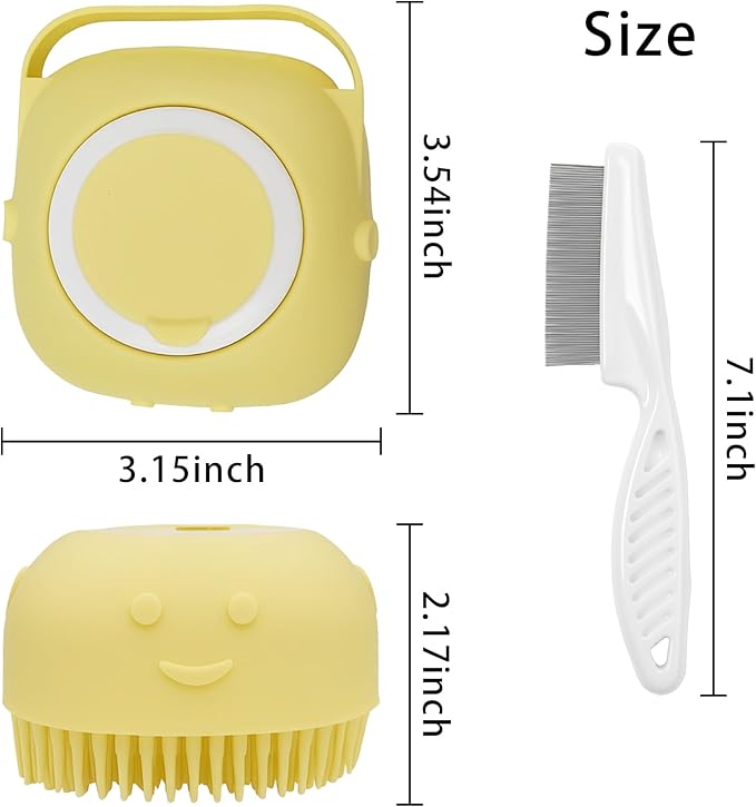 Pet Bath Massage Brush,Pet Bath Brush with Shampoo Dispenser,with Dog Grooming Comb,Suitable for Long and Short haired Dogs and Cats(Yellow)