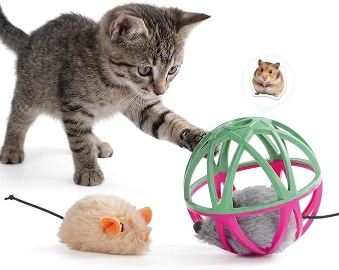 Cat Toys for Indoor Cats - Interactive Ball Cage Cat Toy with Realistic Mice Sounds & 2 Catnip Plush Toys, Motion-Activated Hunting Simulation Toy for Cats