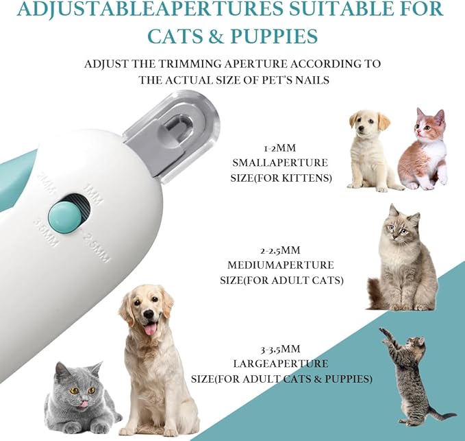 Cat Nail Clipper, Cat Nail Trimmer with Adjustable 3-Size Trimming Hole & Hidden Nail File, Anti-Splash Claw Cutter with Debris Catcher for Kittens, Adjustable Aperture Pet Blue Nail Clippers