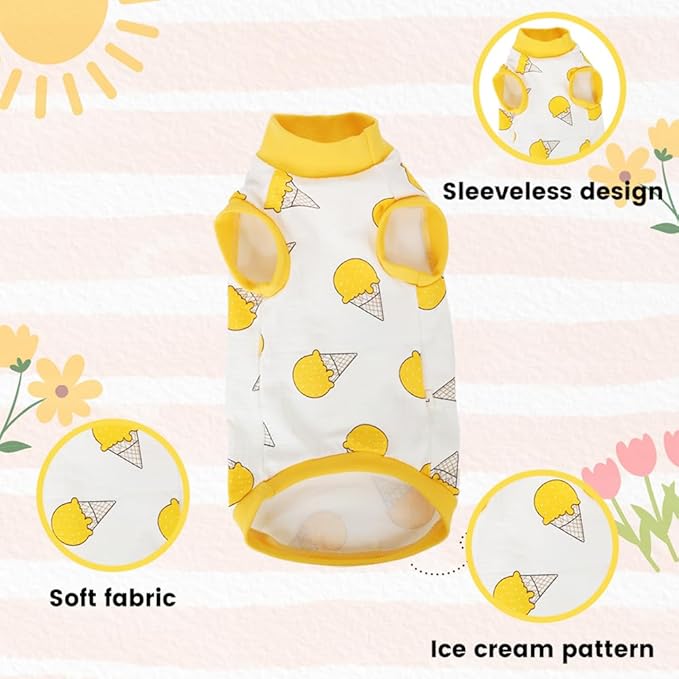 Sphynx Cat Shirt &Sun Hat Set, Breathable Stretchy Cat Clothes Suit, Soft Hairless Cats Shirt, Sleeveless Suit for Cats (Purple Leopard Pattern, Small) (Yellow Ice Cream, S(2.5-3.5lbs))