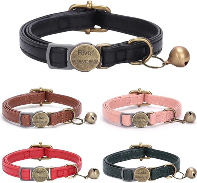 Vintage Style Leather Breakaway Cat Collar, Personalized Leather Cat Collar with Bells-Adjustable Customized Collar with Name & Phone Number Tag for Girl Boy Cats and Puppy（Black