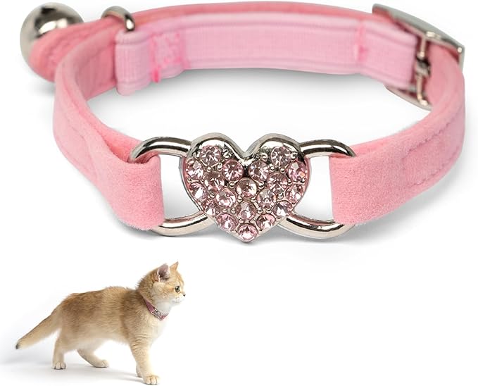 Valentine's Day Heart Bling Pink Cat Collar with Safety Belt and Bell, 3/8" Width Cute Adjustable Collar for Small Dogs and Kitten Cats, S