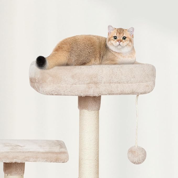 Cute Cat Tree Tower for Indoor Cat Tower with Scratching Post Modern Activity House Hammock Hanging Ball Condo with Board Beige