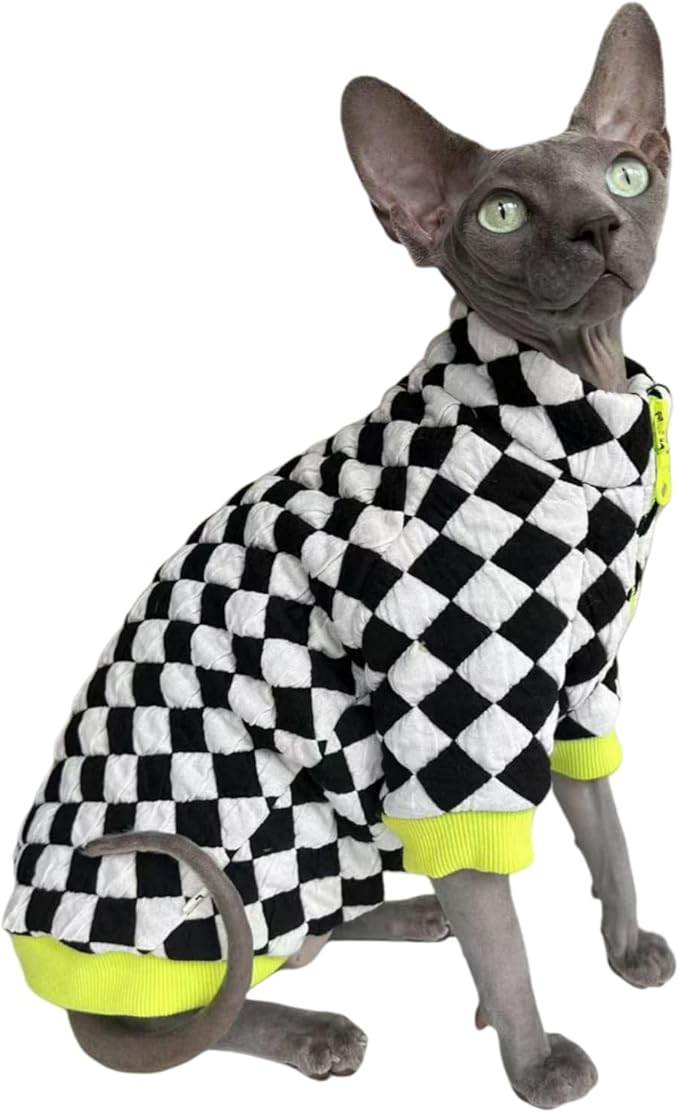 Turtleneck Sphynx Cat Winter Clothes, Double-Sided Fleece Jacket with Zipper, Sweater for Sphynx Cat Warm Outfit Coat for Hairless Cats and Small Dogs Apparel with Sleeves (Checkerboard, Large)
