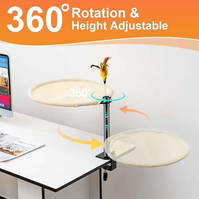 Uross Cat Desk Bed - Adjustable Height & 360 Rotation Cat Desk Perch Mount for Office and Game Tables, Attachment Desktop Bed with 2 Washable Covers, Soft Rabbit Fur& Breathable Mesh -Beige