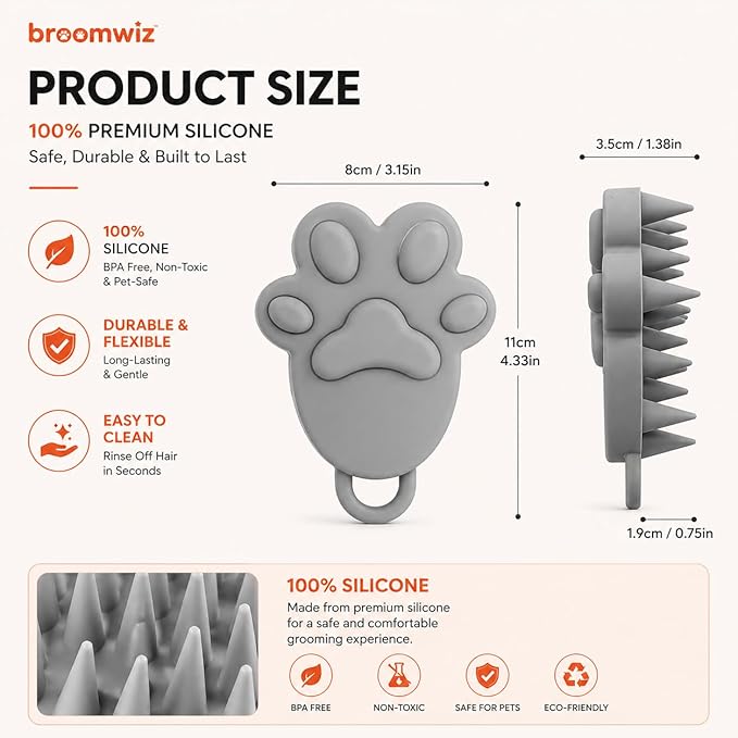 Cat Brush Silicone Pet Grooming Brush for Cats & Dogs, Soft Flexible Deshedding for Removing Loose Fur, Easy to Clean, Waterproof, for Short & Long Hair, Orange White Gray (Grey)