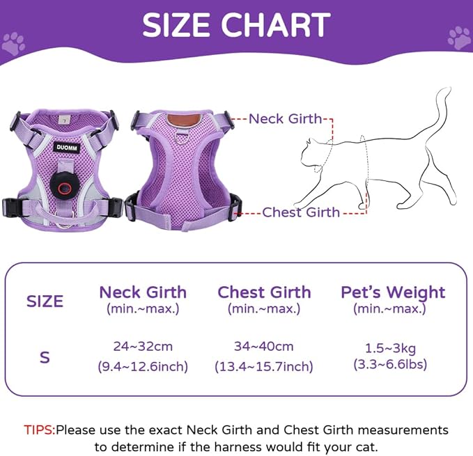 Cat Harness and Leash Set with Tracker Holder, Upgraded Escape Proof Kitten Harness with Lead for Small Cats, Soft Mesh Puppy Jacket Vest for Outdoor Walking, Reflective & Adjustable, Purple, S