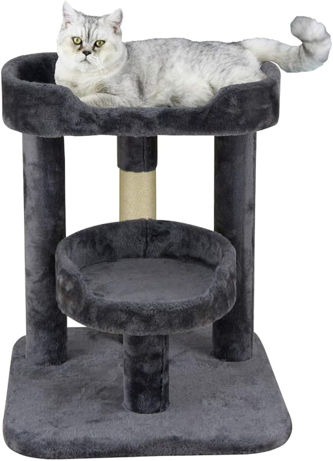 23" Cat Tree Tower with Cat Condos - Large Cat Tree - Cat Tower for Indoor Cats - Play Scratch Hide Climb Activity Furniture with Toy - Gray