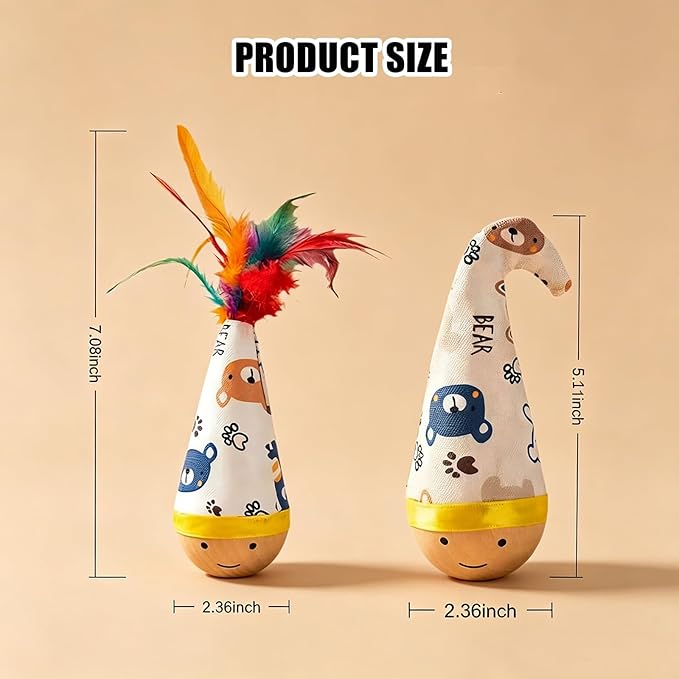 Wooden Interactive Cat Toy, 2 Pack Tumbler Wobble Toy for Indoor Cats and Small Dogs, Self-Righting with Colorful Feathers