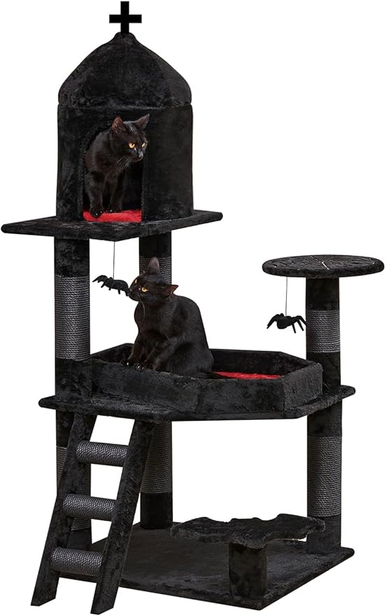 YARUOMY Gothic Cat Tree with Coffin Bed，55" Cat Tower with Spacious Cat Condo，Scratching Posts，Spider Hanging Ball，Multi-Level Cat Activities Furniture for Large Cats, Black Halloween