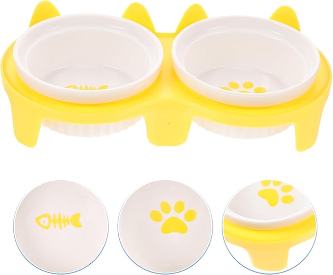 Ceramic Cat Bowls Elevated Double Feeding and Watering Bowls Thickened Yellow Non-Slip Stand for Kittens