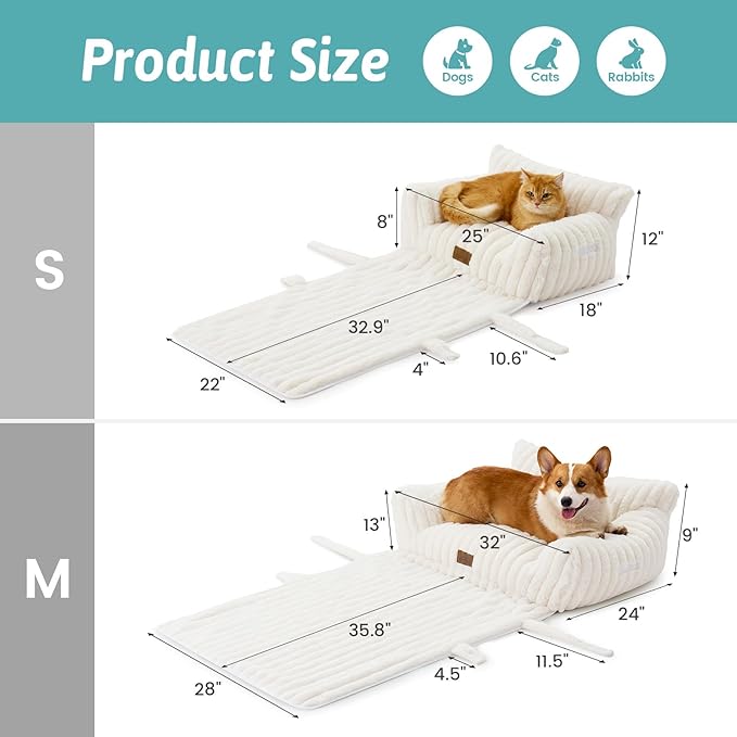 COZY KISS Cute Cat Bed with Removable Cover, Multifunctional Plush Faux Fur Pet Couch Bed with Blanket, Ultra-Soft Pet Furniture for Cats & Small Dogs (Cream, M: 32''x24'')