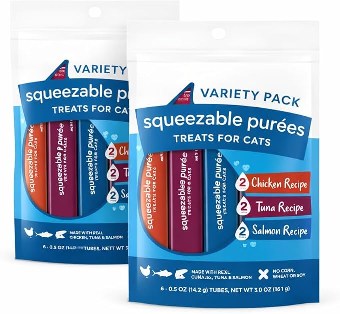 Lickable Squeezable Cat Treats Grain Free Puree Variety Pack 12 Tubes Total Chicken Tuna Salmon Creamy Wet Treats for Picky Eaters Kittens Adults High Protein High Moisture Food Topper Bonding Snack