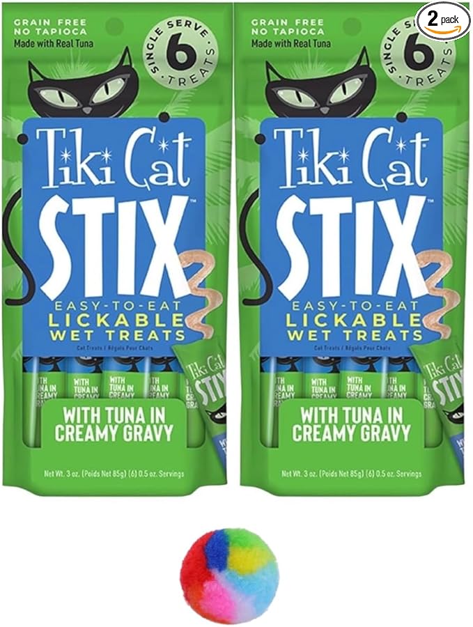 Tiki Cat Stix Wet Treats, Grain Free Lickable Smooth Mousse Blend with Tuna Creamy Gravy 6 Stix in 1 Pouch (Pack of 2), Plus 1 Cat Pom Pom Balls Toy