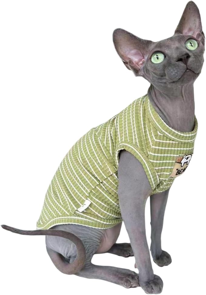Sphynx Cat Clothes Vest for Hairless Cat, Rib Knit Stripe Cats T-Shirt Apparel, Kitten Summer Cotton Shirts Sleeveless for Cornish Rex, Devon Rex, Peterbald (Green, L (7.5-9.4 lbs))