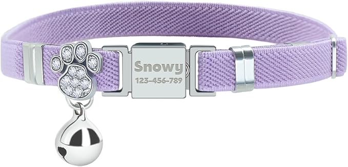 Personalized Safety Elastic Cat Collars with Bell,Laser Customized Stretch Kitten Collars for Girls Boys Cats-Purple