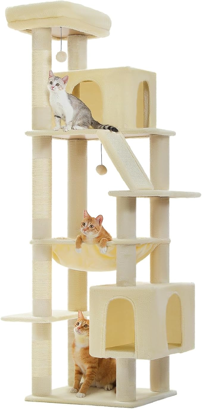 MUTTROS 71" Tall Cat Tree for Large Cat 20 lbs with Super Large Hammock, Heavy Duty Cat Tower with 4 Sisal Scratching Posts & 2 Spacious Condos for Big Adult Cats Maine Coon-Beige