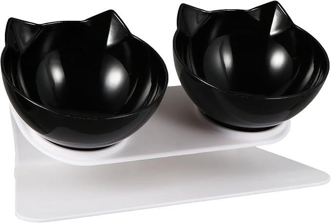 Elevated Tilted Cat Food Feeder Bowls Set, Black Plastic Raised Pet Feeding and Watering Bowls for Cats, Neck Protection Design for Comfortable Eating