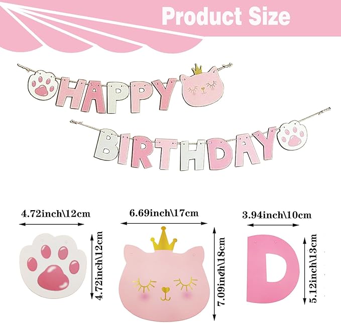 Cat Birthday Hat Girl Happy Birthday Decorations Outfit Banner Party Supplies Bow tie Collar Catnip Chew Biting Kick Toys for Cat Girl (Pink)