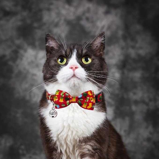 Christmas Cat Collar 2 Pack - Red & Green Breakaway Safety Collars with Bell and Bow Tie for Cats and Kittens