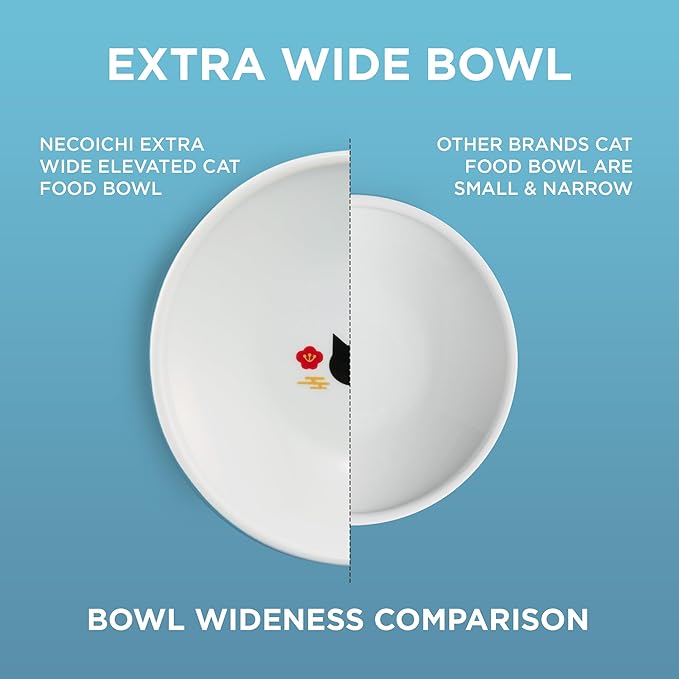 Necoichi Raised Cat Food Bowl – Ceramic Elevated Cat Bowl for Whisker & Neck Fatigue, Dishwasher Microwave Safe – Non-Slip & Anti Vomiting Ergonomic Design (Fuji, Extra Wide, 2-Cups Capacity).