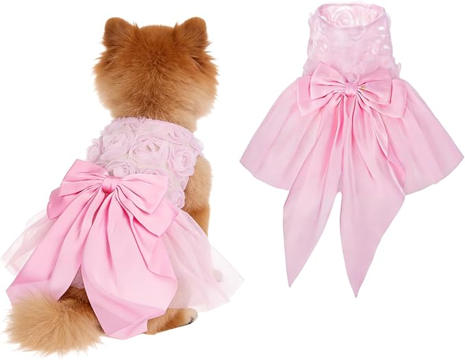 Valentine's Day Dog Dress Rose Tulle Tutu Skirt with Pink Bowknot for Small Dog Cat Valentine's Day Wedding Birthday Party Outfit