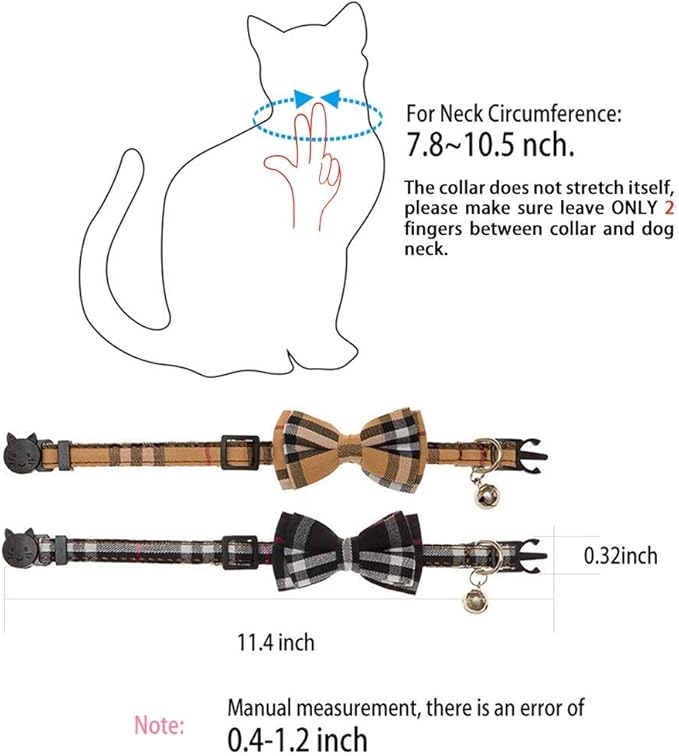2 Pack/Set Cat Collar Breakaway with Cute Bow Tie and Bell for Kitty and Some Puppies, Adjustable from 7.8-10.5 Inch
