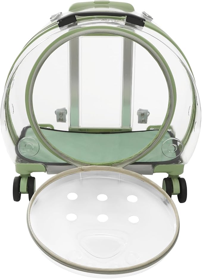 Cat Backpack Carrier, 17.7in Transparent & Fully Breathable Dog/Cat Carrier with Rolling Wheels + Telescopic Handle, Applicable Cat Weight 20 Lbs for Traveling, Taking A Walk. (Green)