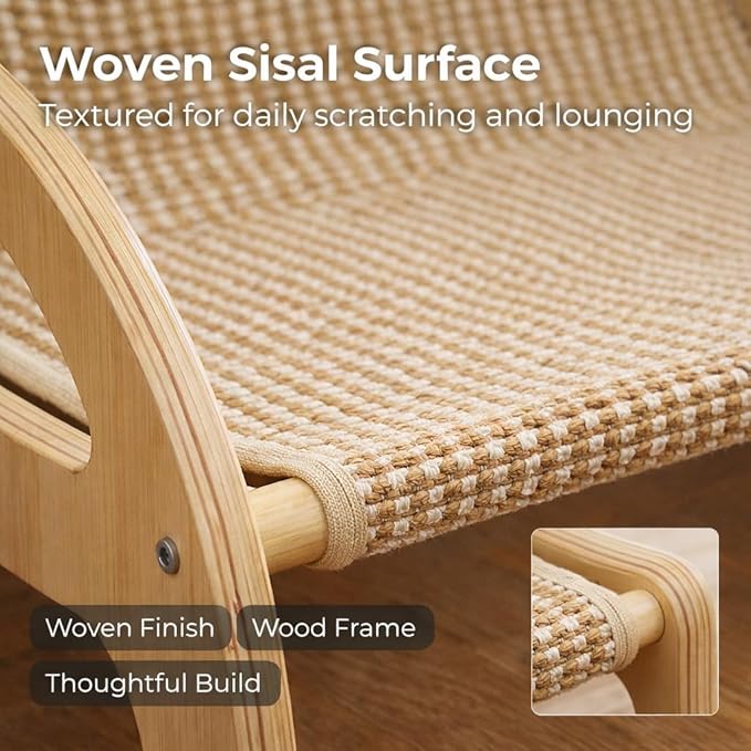 Adjustable Sisal Cat Scratcher Lounge Chair, Wooden Reclining Lounger Bed with Elevated Scratch-and-Rest Design for Indoor Cats, Natural Finish