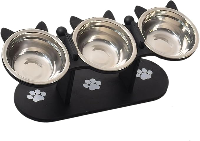 15° Tilt Elevated Stainless Steel Cat Bowl, Wooden Stand Pet Food Water Feeding Dish