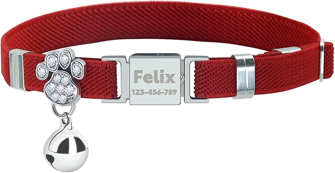 Personalized Safety Elastic Cat Collars with Bell,Laser Customized Stretch Kitten Collars for Girls Boys Cats-Red