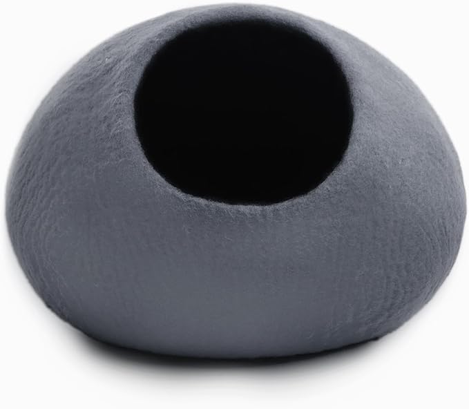 Luxurious Merino Wool Cat Cave - Foldable Hideaway Pod for Indoor Cats - Premium Felt Kitten Pet Enclosure - Covered Cat House for Ultimate Cozy Comfort by Woolygon (Grey Plain)