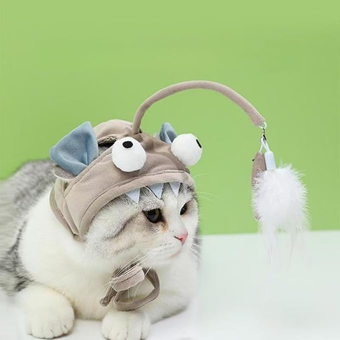 Cat Hat Toy Feather Wand Teaser Cat Toys (Grey)