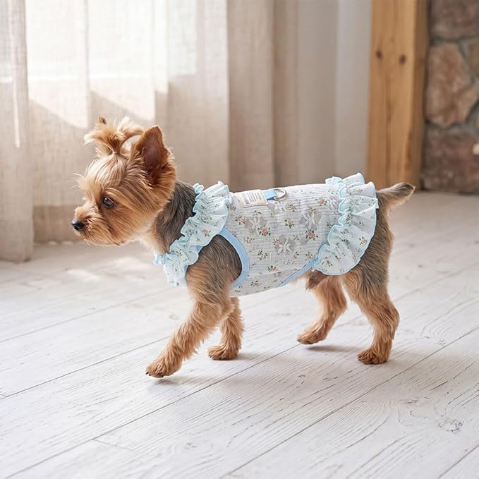 Dog Cat Cooling Summer Dress with D-Ring, Ice Silk Mesh Breathable Pet Clothes, Anti-UV Mosquito Proof, High Elastic Ruffle Dress & Half Belly Cover for Small Dogs Cats(Sky Blue, Small)
