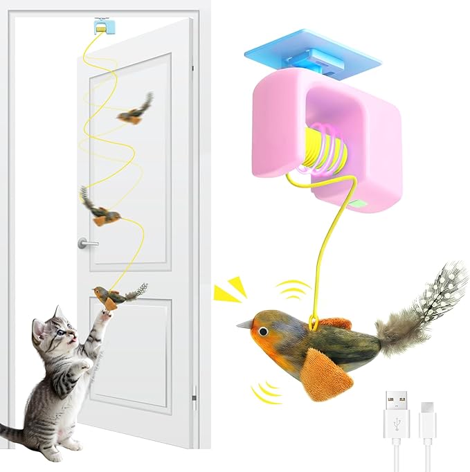 Interactive Cat Toys for Indoor Cats, Automatic Cat Hanging Toys for Bored Adult Cats, Cat Toys Realistic Bird with Catnip and Feather Chase Exercise Door Frame Cat Self Play Toys Pink