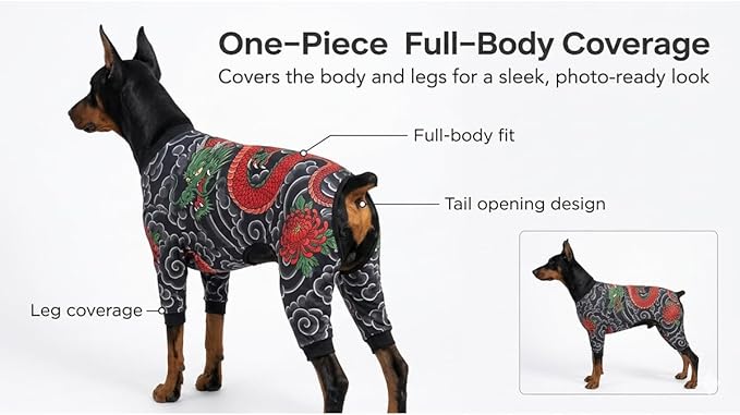 Dog Tattoo Bodysuit, Soft Stretch Pet Jumpsuit for Dogs & Cats, Breathable Tattoo Print Outfit for Photos, Parties, Daily Wear & Shedding Control (2XL)