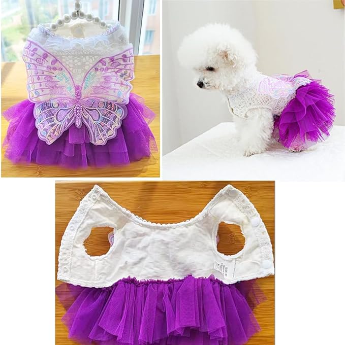 ANIAC Butterfly Dog Dress with Purple Tutu Funny Dog Clothes with Wing Girl Puppy Dress for Small Dogs Pet Butterfly Costume Holiday Cat Outfit for Halloween Birthday Wedding (Purple, Small)