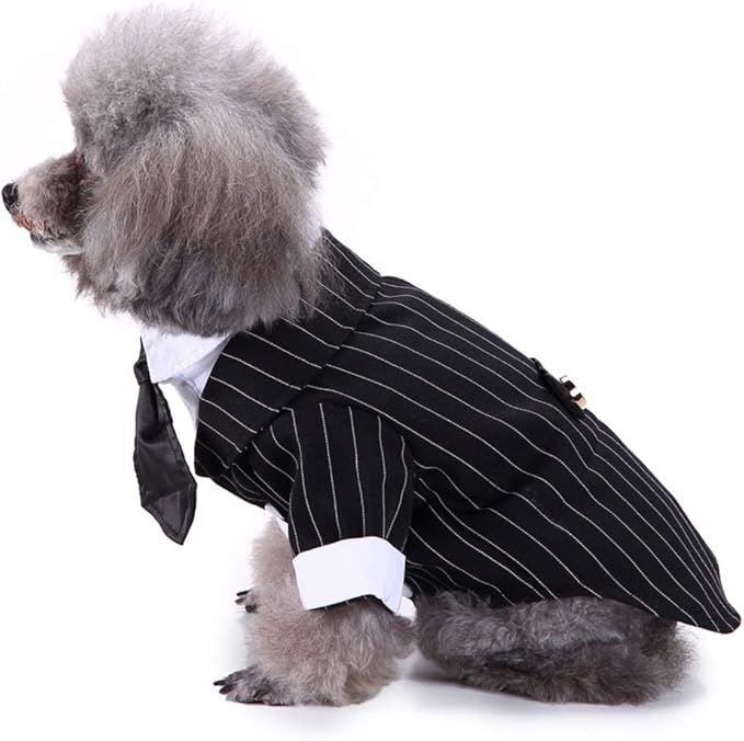 GabeFish Pets Wedding Jackets Suit for Dogs with Bow Tie Puppy Cat Formal Clothes Shirt Tuxedo (Striped, L (Chest 17.3in/44cm)