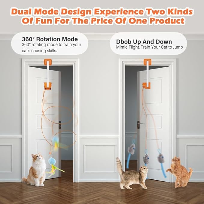 Rechargeable Electric Cat Teaser – Interactive Door Clip Teaser for Cats, 2 Motion Modes (360° Spin & Irregular Jumping), Smart Auto Cat Toy for Exercise & Fun (Orange)