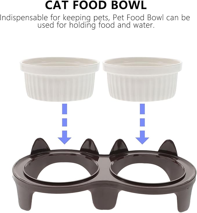 ERINGOGO Ceramic Elevated Cat Food Bowl Set with Anti-Slip Rack, Thickened Brown Double Bowls for Indoor Cats, Raised Floor Pet Feeding and Watering Station