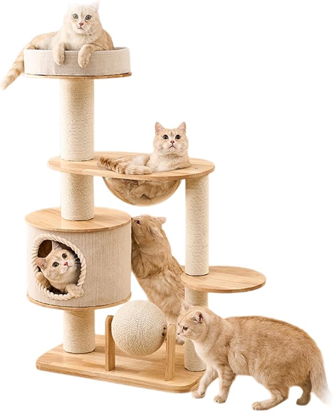 45IN Wooden Cat Tree for Large Indoor Cats, Multi-Level Cat Tower with Wide Base, Rubberwood Cat Condo, Space Capsule Bed, Scratching Posts, Reversible Mats & Modern Cat Furniture