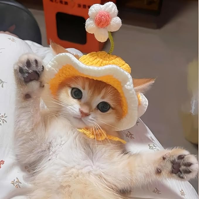 2Pcs Cute Knit Cat Hat,Handmade Crochet Dog Hat Halloween Christmas Party Costume Headwear for Pet Puppies (Frog and Flower)