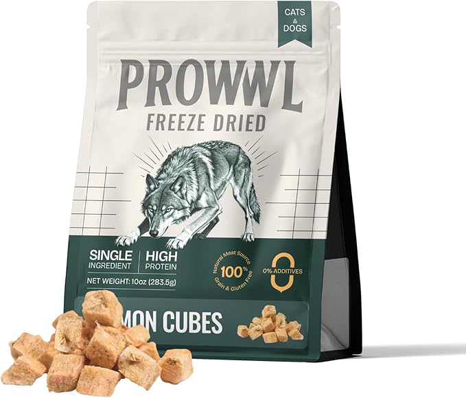 Freeze Dried Salmon Cubes Cat & Dog Treats for Training, Healthy High Protein Limited Single Ingredient Pet Food Snacks for Small, Medium, and Large Dogs Cats (Raw Salmon Cubes, 10oz)