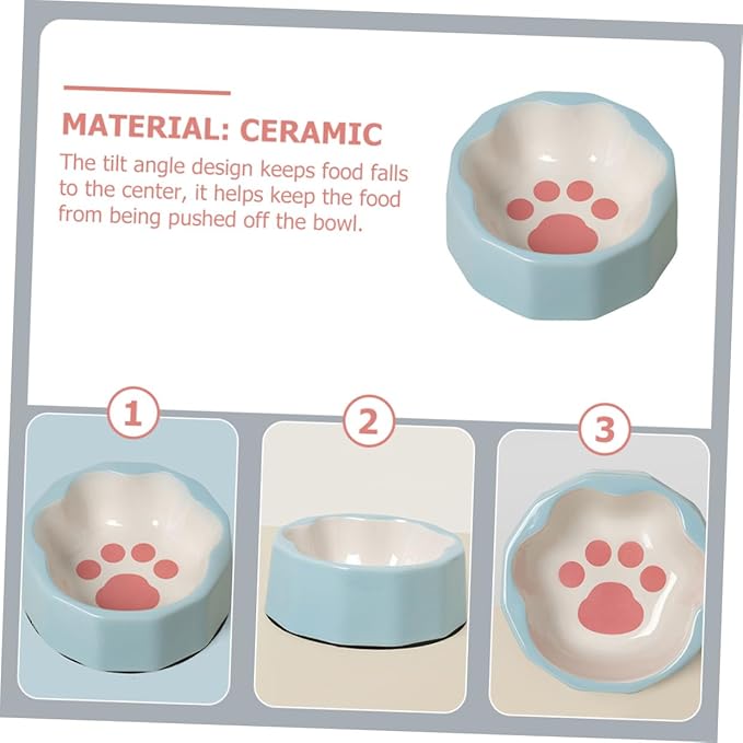 Ceramic Pet Bowl Tilted Cat Dish with Cute Animal Paw Print Small Dog Feeder Bowl Blue for Pets Feeding and Watering