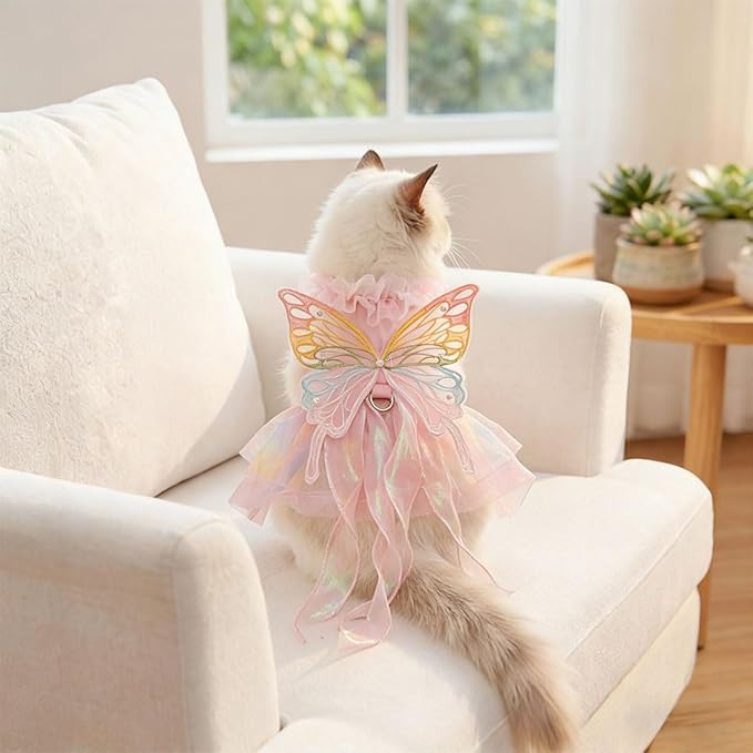 Rainbow Butterfly Princess Pet Skirt with D-Ring - Lace Tutu Set, Suitable for Puppies/Kittens, Chihuahuas, Yorkins, and Pomeranians | Holiday and Daily Wear (Rainbow-Butterfly, Large)